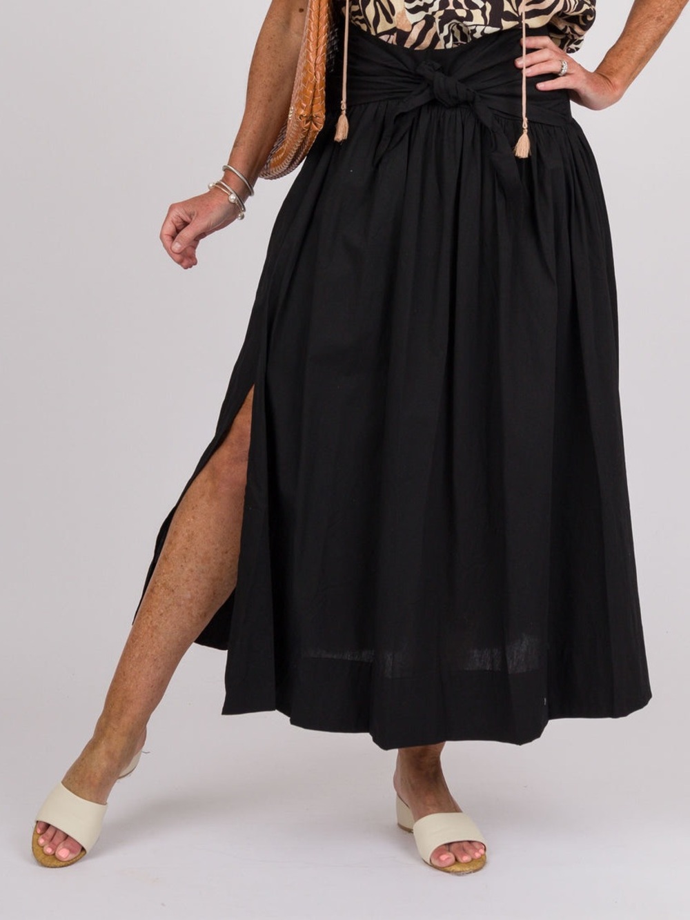 Black Tie-Waist Maxi Skirt with 2 Side Slit on each side